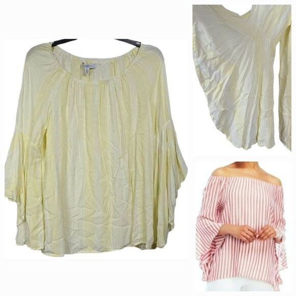 Macy's Fever Mellow Yellow Striped Off the Shoulder Ruffled Peasant Bell Blouse - Picture 3 of 11